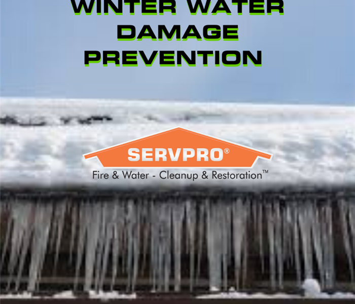 icicles with the text "winter water damage prevention" and SEVPRO rooftop logo  