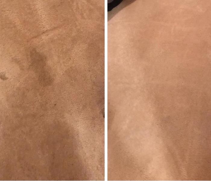 before and after of cream carpet with dirty stain on the left and restored look on the right 